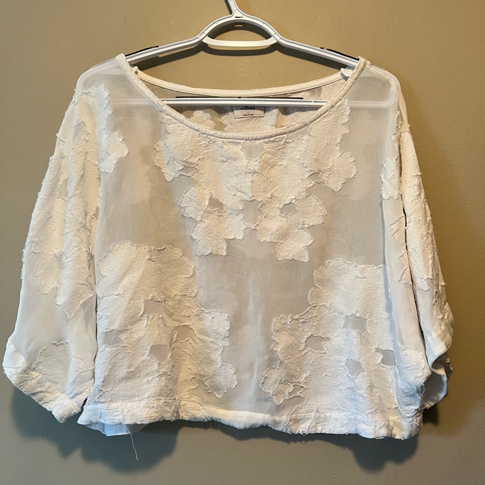 Aritzia Wilfred size L sheer flowered oversized short sleeve crop top.